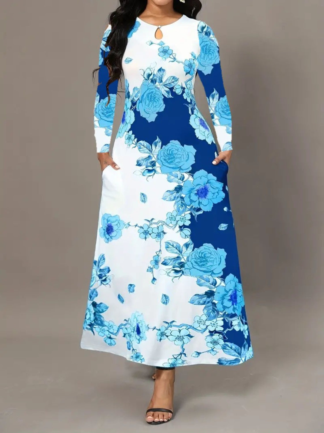 Pocketed Printed Long Sleeve Dress Sky Blue