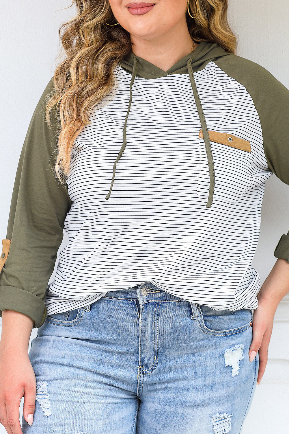 Green Striped Raglan Sleeve Buttoned Pocket Plus Size Hoodie