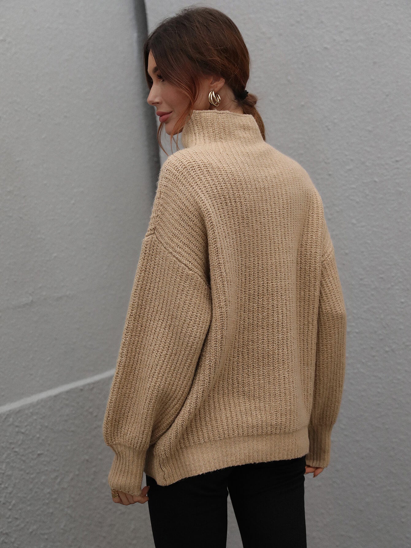 Woven Right High Neck Balloon Sleeve Rib-Knit Pullover Sweater