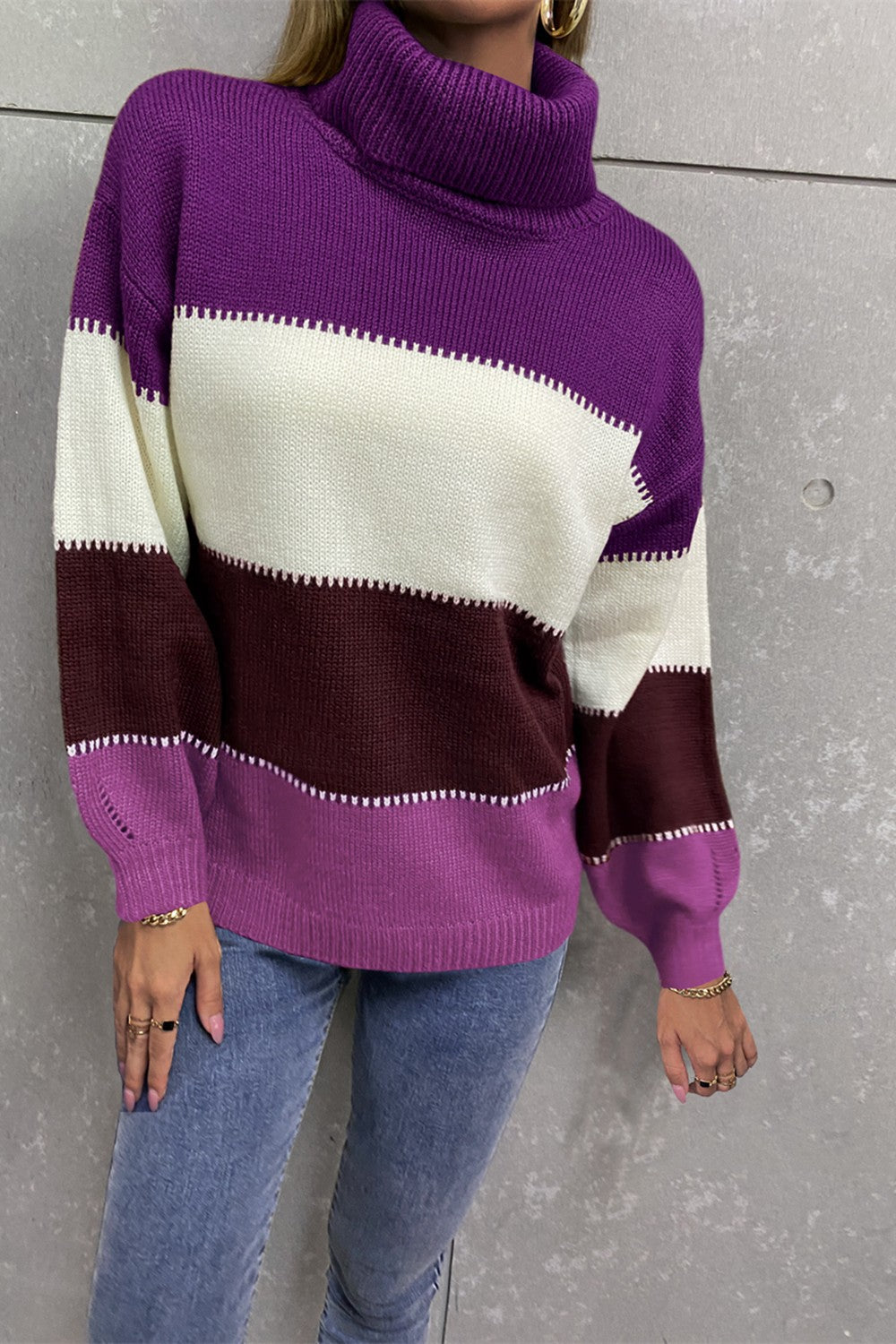 Color Block Lantern Sleeve Turtleneck Sweater Purple