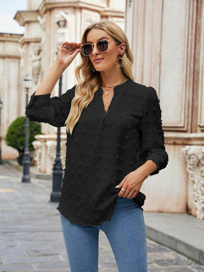 Swiss Dot Notched Neck Blouse Black