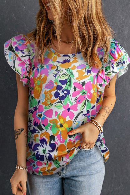 Floral Tie Back Flutter Sleeve Blouse Multicolor