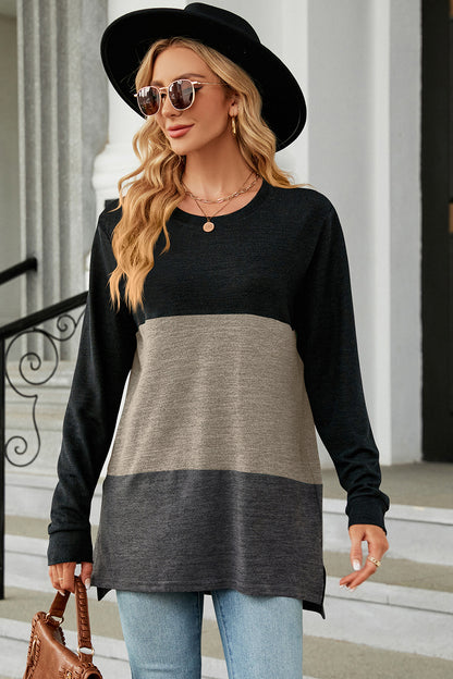 Color Block Round Neck Long Sleeve T-Shirt