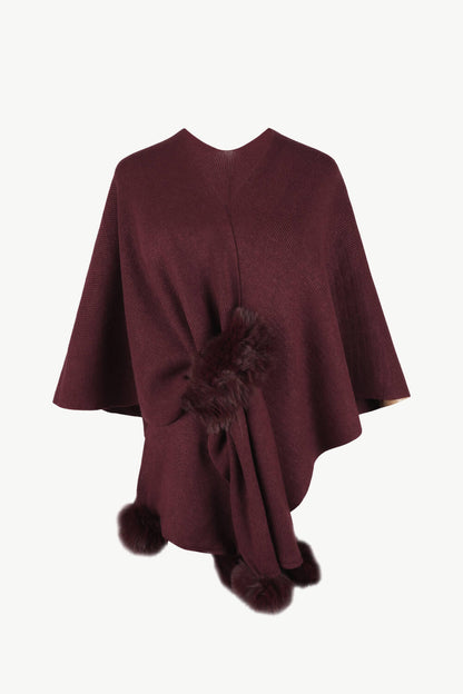 Surplice Neck Pom-Pom Trim Poncho Wine One Size