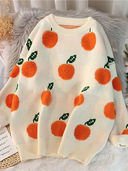 Printed Round Neck Drop Shoulder Sweater Cream