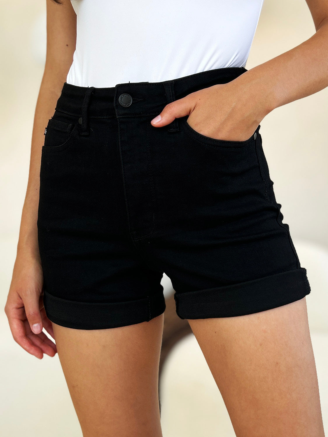 Judy Blue Full Size High Waist Tummy Control Cuffed Denim Shorts Black