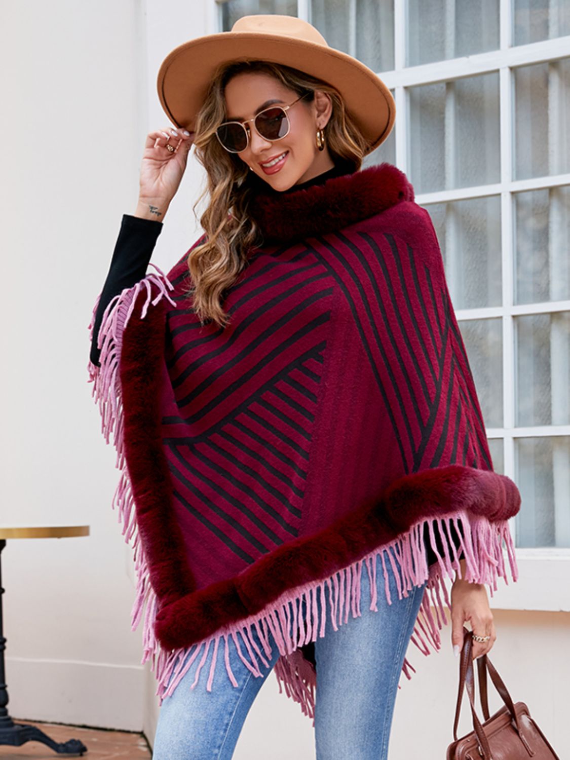 Striped Fringe Hem Poncho - Thandynie