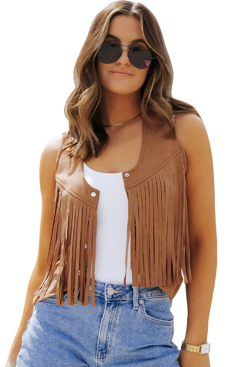 Camel Fringed Snap Button Front Suedette Vest