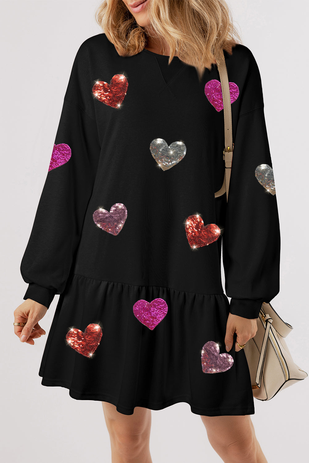 Sequin Heart Round Neck Long Sleeve Mini Dress Black