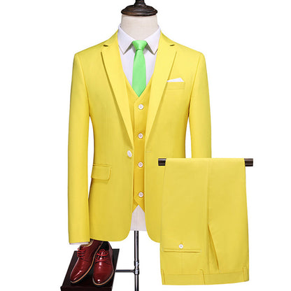 Men's Three-Piece Solid Color Suit for Evening Events, Banquets, or Weddings. Lemon Yellow