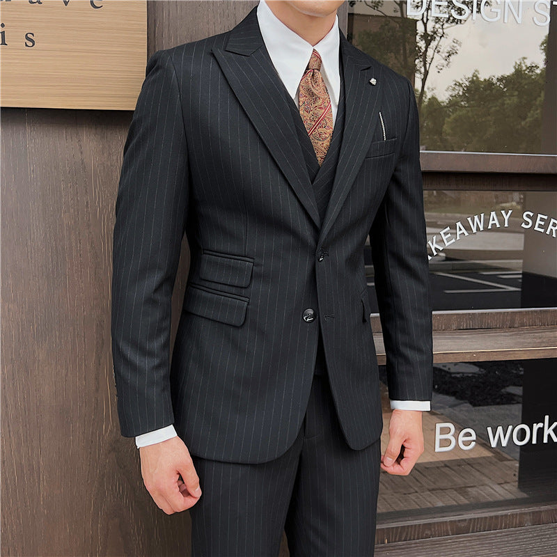 Men's British Slim-fitting Double Button Striped Suit Three-piece Suit Black