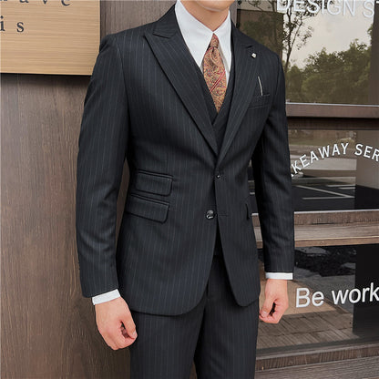 Men's British Slim-fitting Double Button Striped Suit Three-piece Suit Black