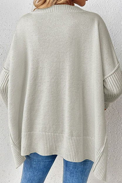 Slit V-Neck Dropped Shoulder Sweater