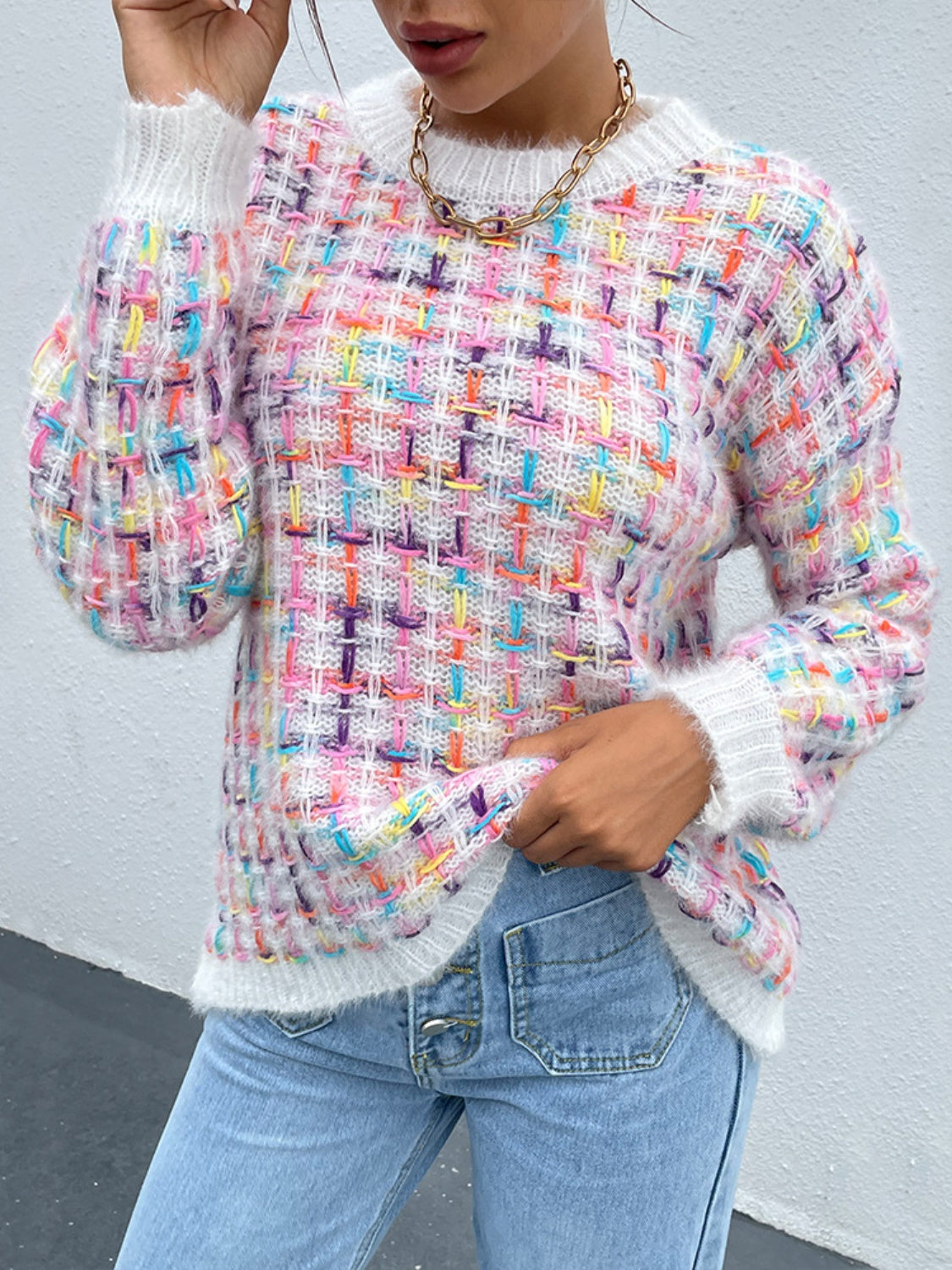 Multicolor Round Neck Dropped Shoulder Sweater Blush Pink