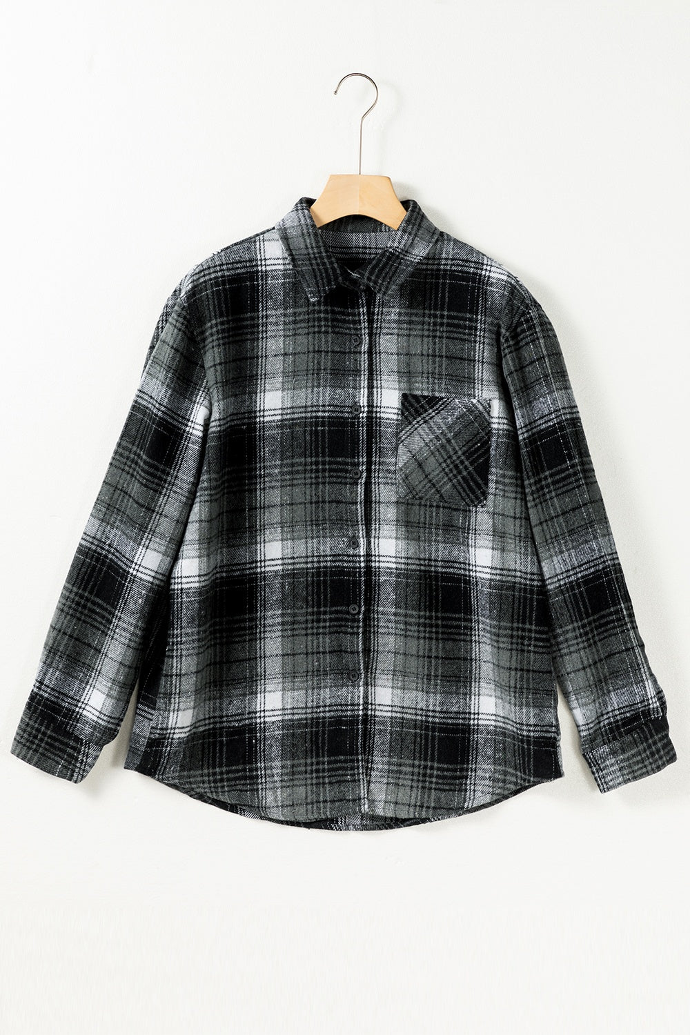 Pocketed Plaid Button Up Long Sleeve Shirt Black