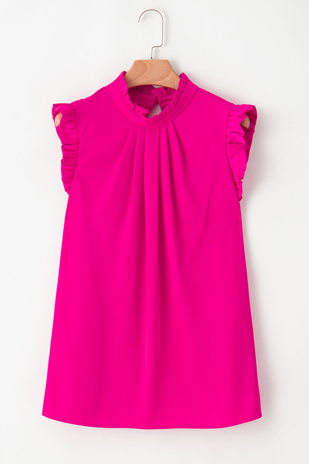 Bright Pink Pleated Mock Neck Frilled Trim Sleeveless Top