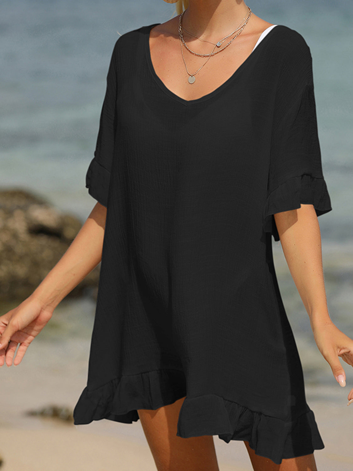 Tied Ruffled Half Sleeve Cover-Up Black One Size