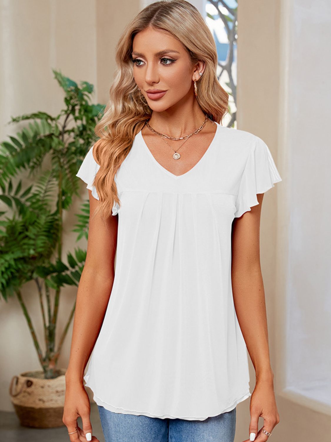 Ruched V-Neck Short Sleeve T-Shirt White