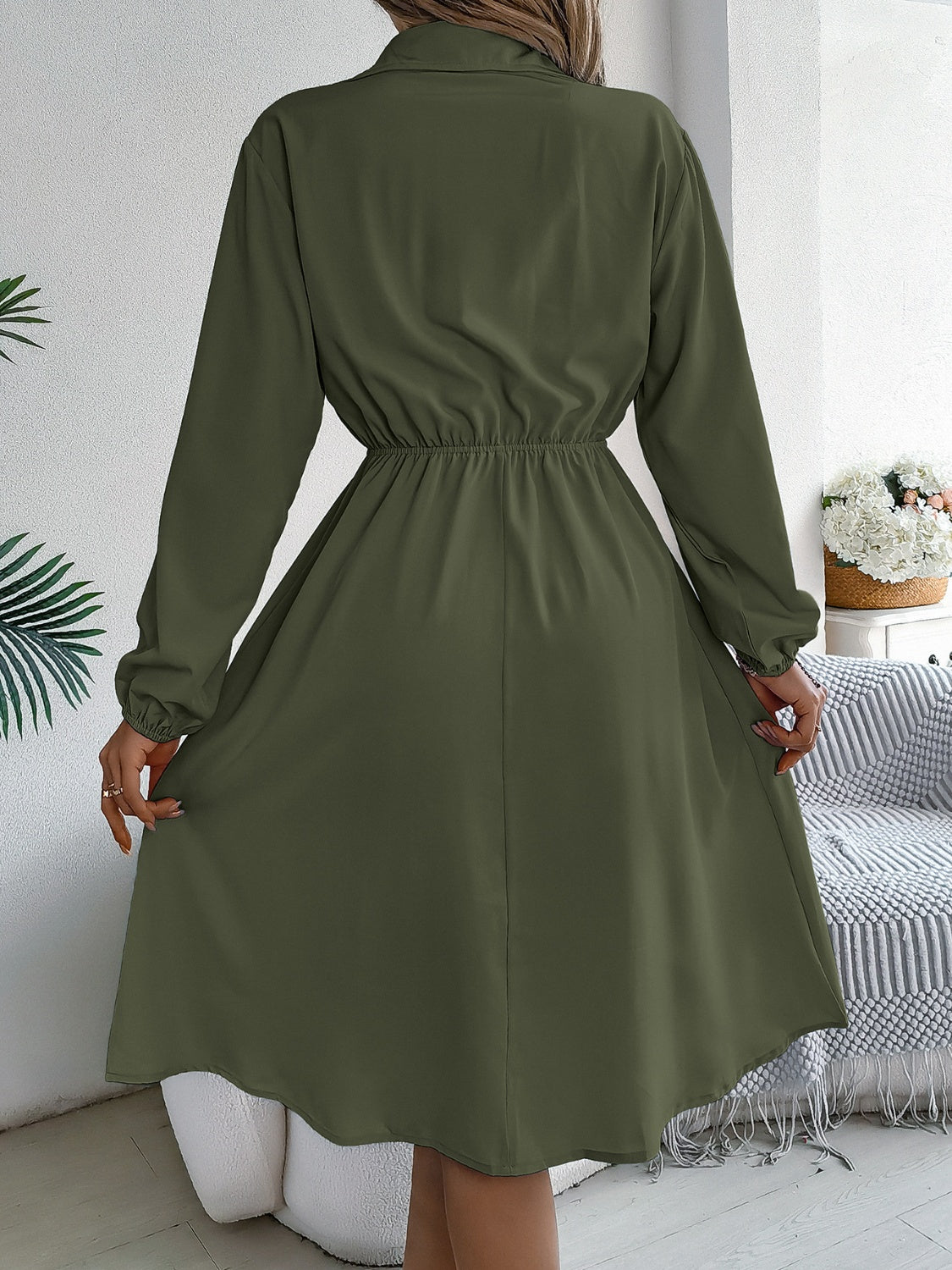 Collared Neck Long Sleeve Dress with Pockets