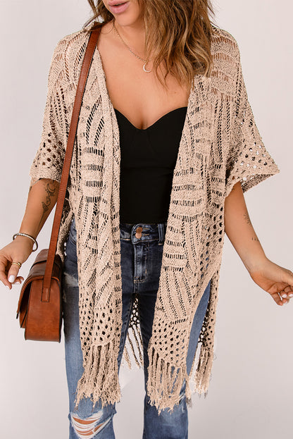 Openwork Open Front Cardigan with Fringes Tan One Size