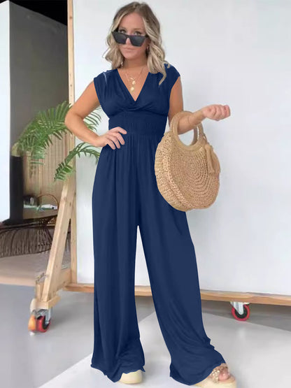 Smocked Cap Sleeve Wide Leg Jumpsuit Dark Blue