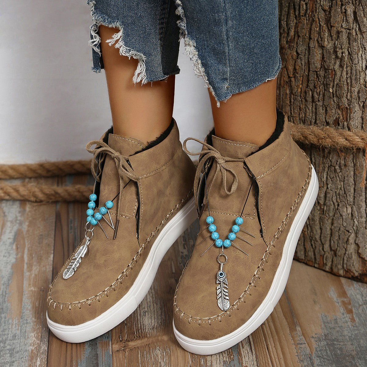 Tied Bead Trim Platform Sneakers Taupe