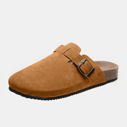 Suede Closed Toe Buckle Slide Caramel