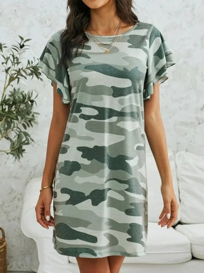 Camouflage Round Neck Short Sleeve Mini Dress Green Camouflage