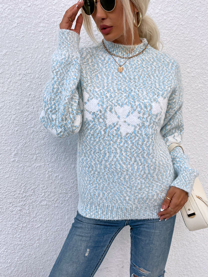 Four Leaf Clover Mock Neck Sweater Misty Blue