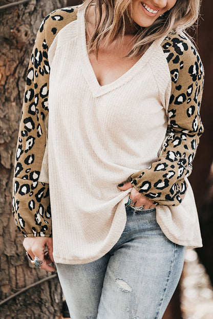 Plus Size Leopard V-Neck Raglan Sleeve Blouse White