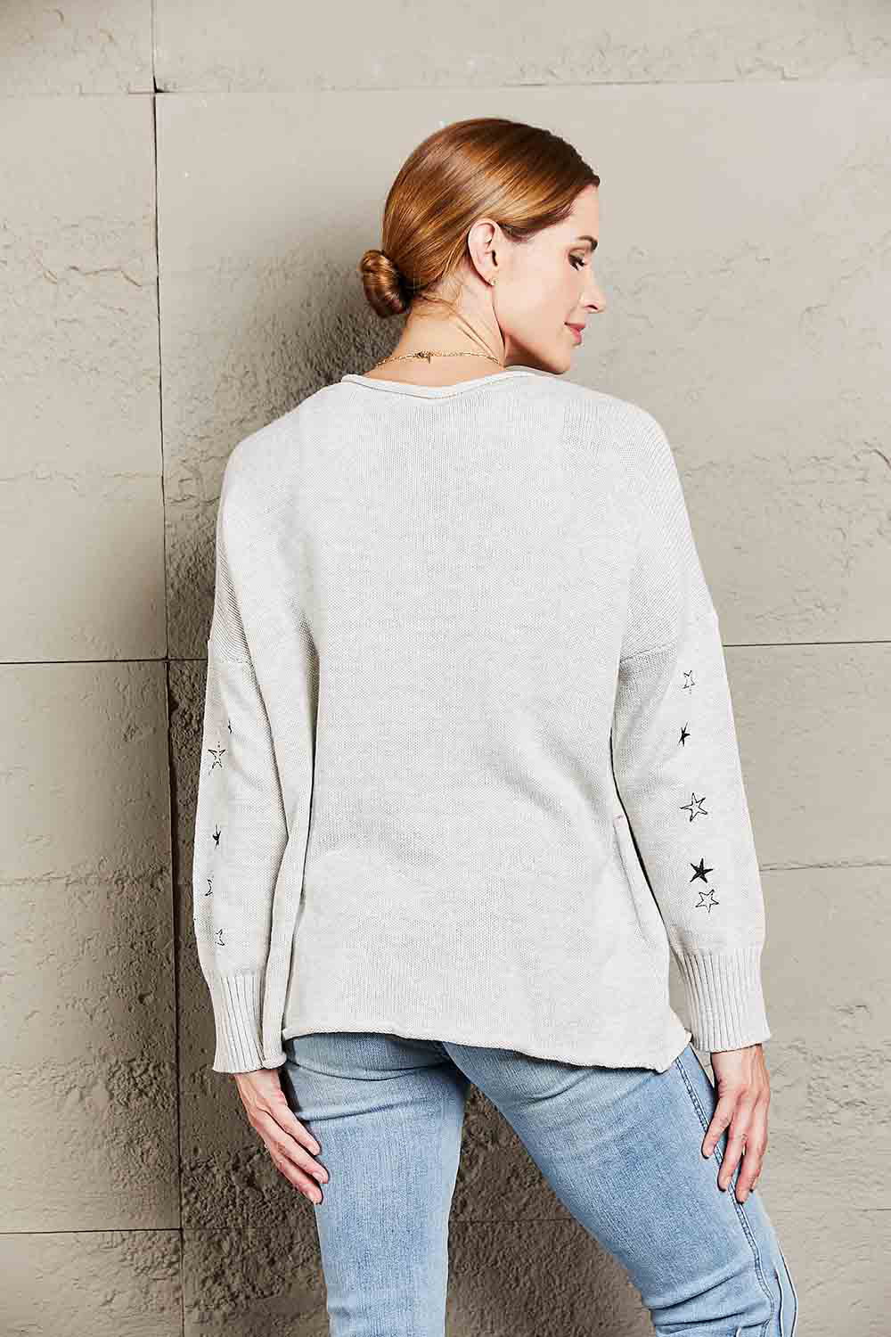 Woven Right Star V-Neck Roll Hem Drop Shoulder Sweater