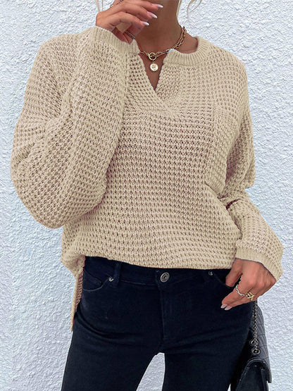 Notched Long Sleeve Sweater Tan