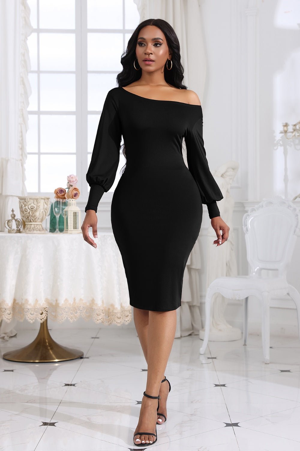 Boat Neck Lantern Sleeve Dress Black