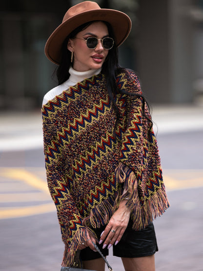 Fringe Hem Boat Neck Poncho Chestnut