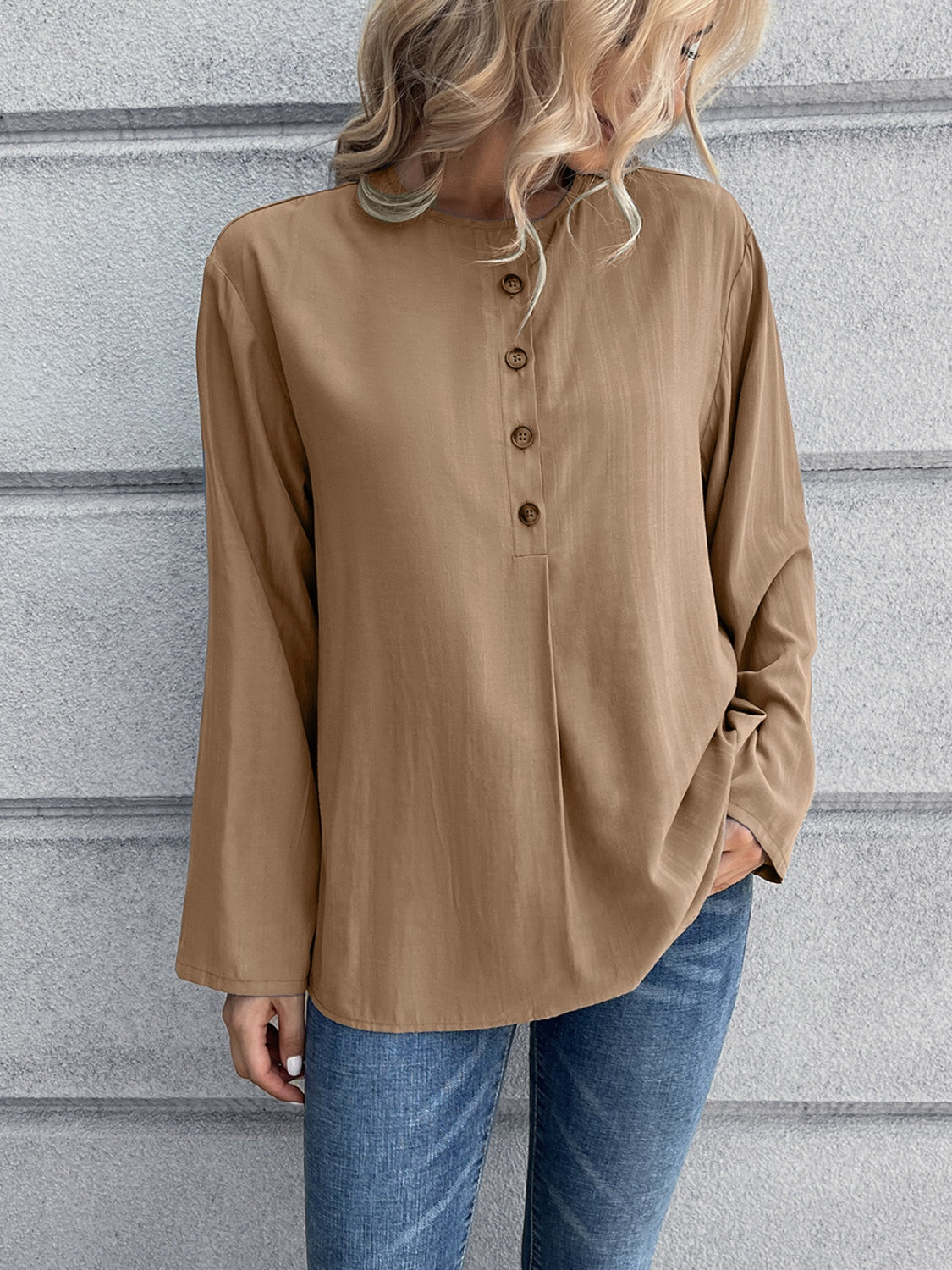 Half Button Long Sleeve Blouse