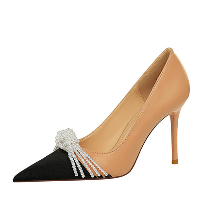 Fashion Shallow Mouth Color Matching Pointed Pearl Bow High Heels