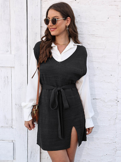 Tie Front V-Neck Sleeveless Slit Sweater Dress Black