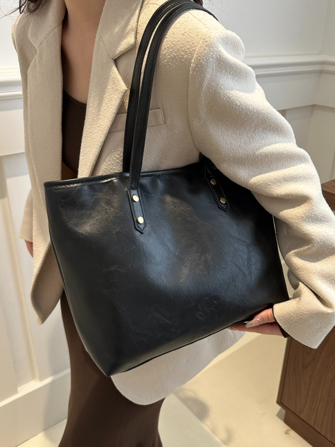 PU Leather Medium Shoulder Bag Black One Size