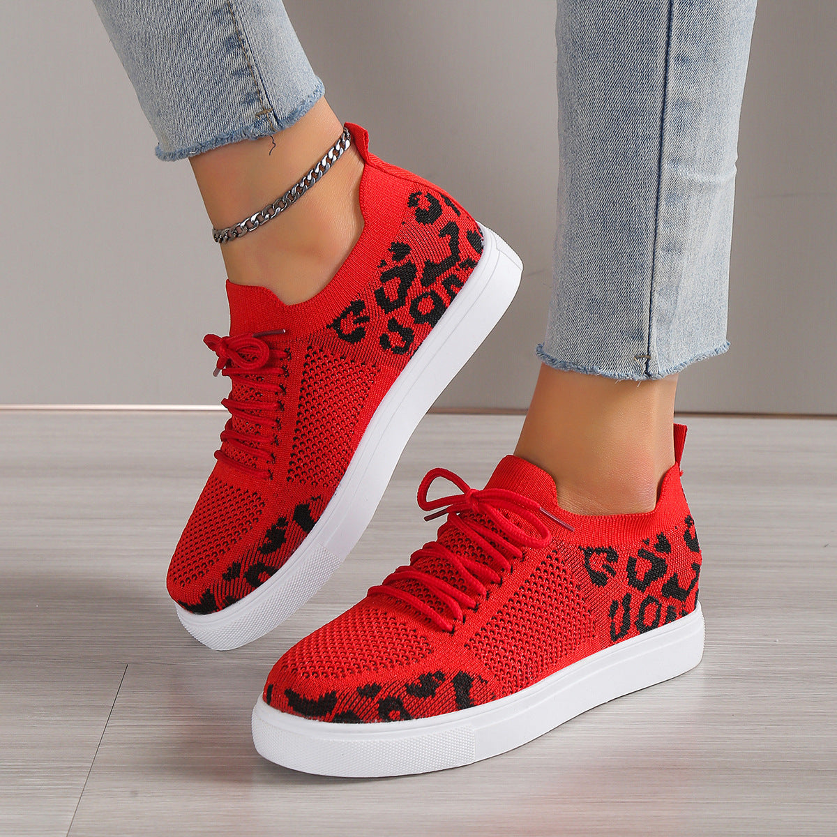 Lace-Up Leopard Flat Sneakers Red