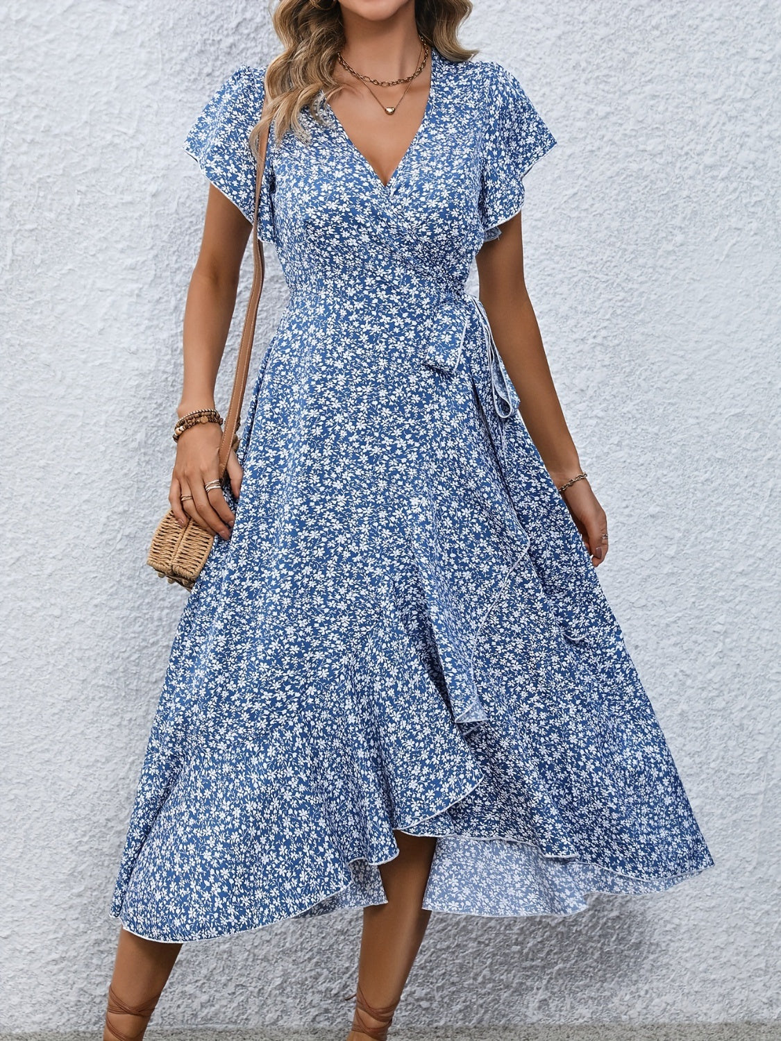 Printed Surplice Flutter Sleeve Midi Dress Blue