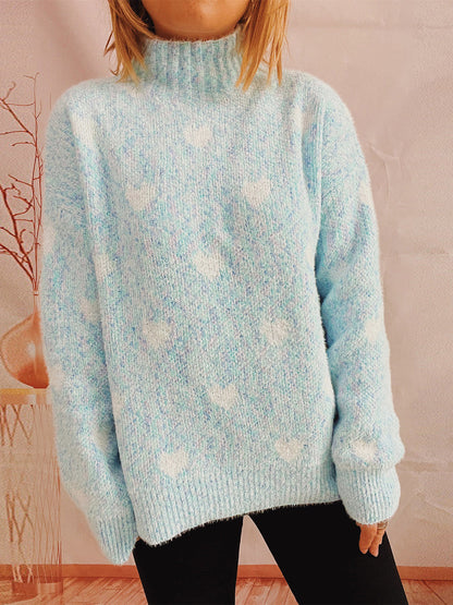 Heart Heathered Turtleneck Drop Shoulder Sweater Mint Blue One Size