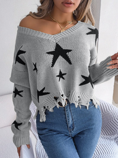 Star Pattern Distressed V-Neck Cropped Sweater Dark Gray