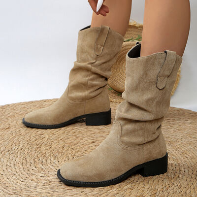 Pleated Pull-On Western Cowboy Boots Khaki