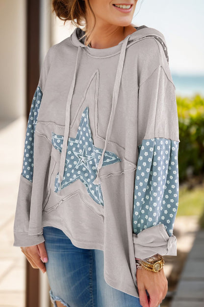 Drawstring Star Long Sleeve Hoodie Gray