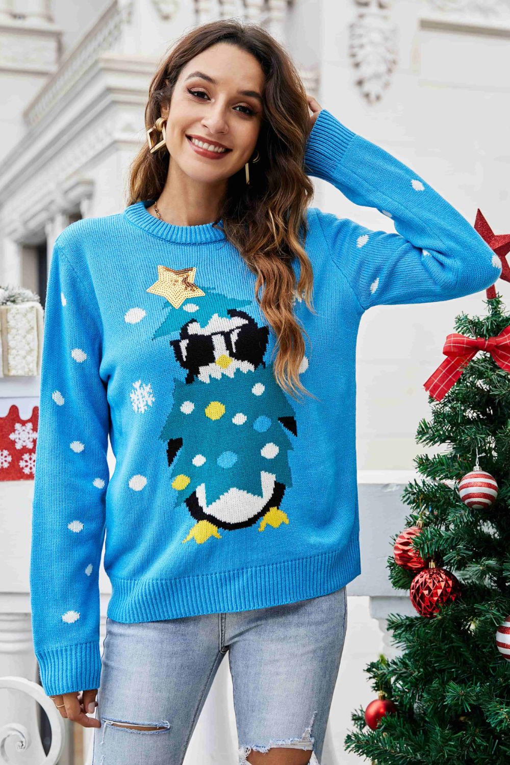 Christmas Penguin Graphic Sequin Sweater Blue