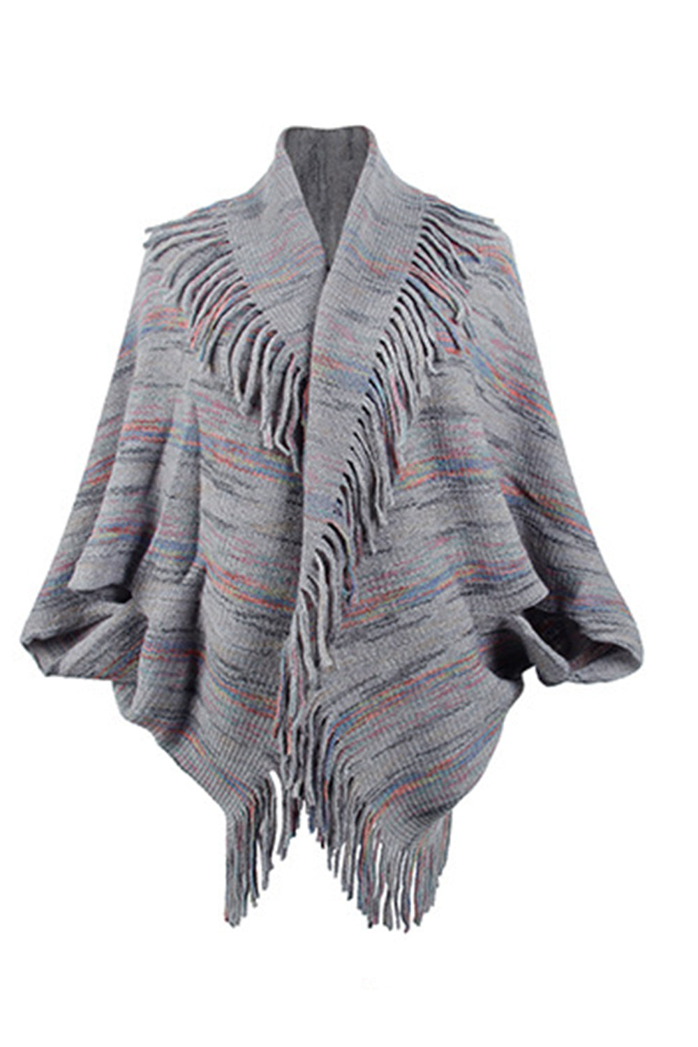 Fringe Detail Printed Poncho Charcoal One Size