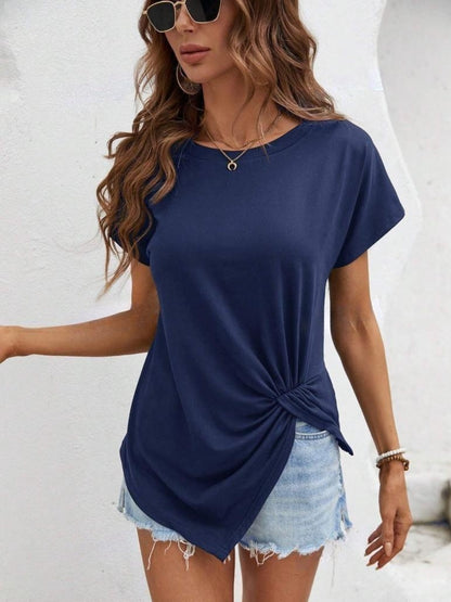 Asymmetric Hem Round Neck T-Shirt Dark Blue