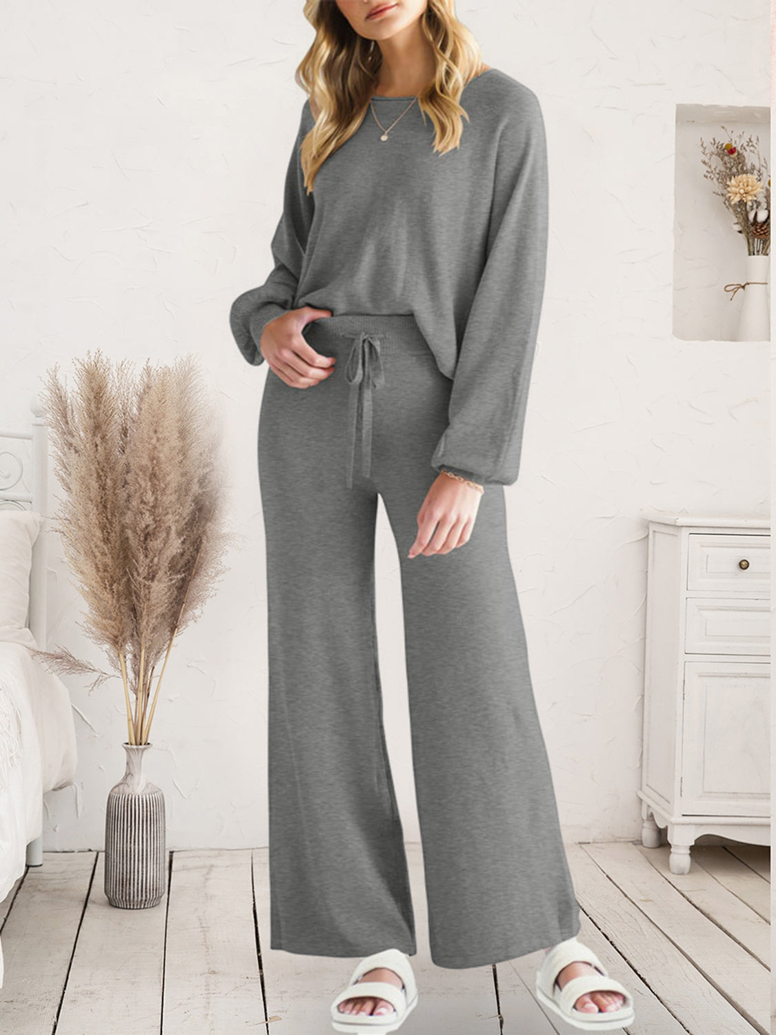 Long Sleeve Lounge Top and Drawstring Pants Set Dark Gray