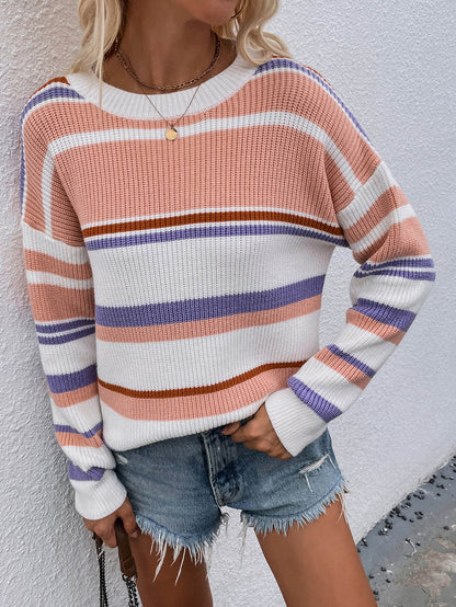 Striped Drop Shoulder Round Neck Pullover Sweater Peach