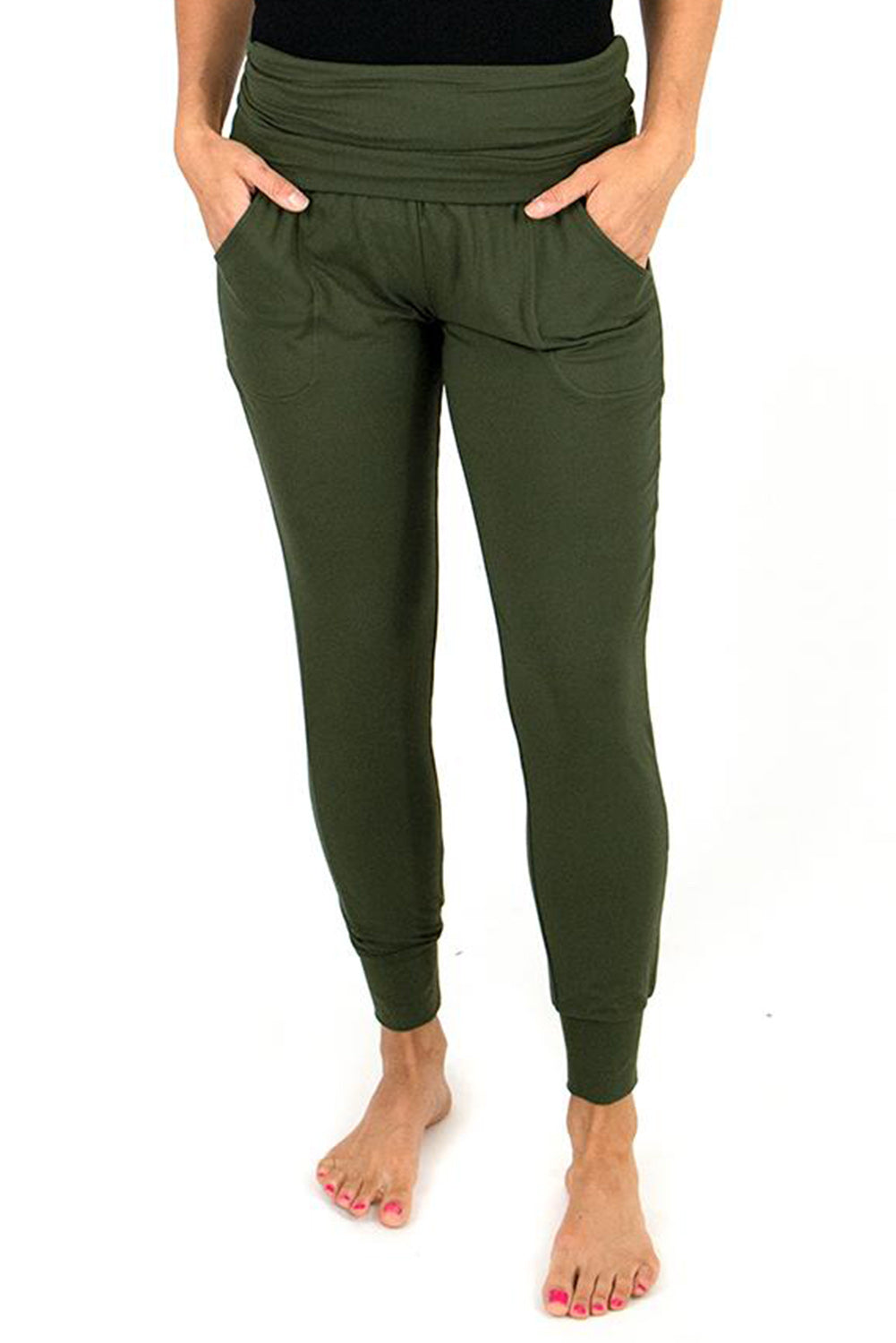 Green High Waist Pleated Pocket Leggings